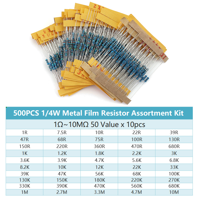 500pcs/lot 50 values 1/4W Resistors set Metal Film Resistor Assortment Kit 1ohm -10M ohm resistor diy electronic kit
