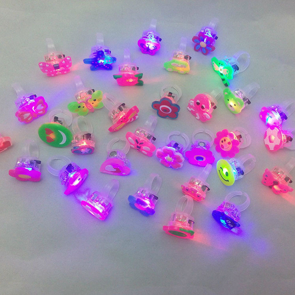 50pcs/bag Kids Cartoon LED Flashing Light Up Glowing Finger Rings Electronic Christmas Halloween Fun Toys Party Accessories Gift